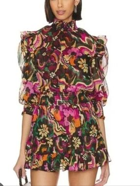 Misa LA Ruffle Mini Dress in pink,green & black pattern. Size XL new with tags